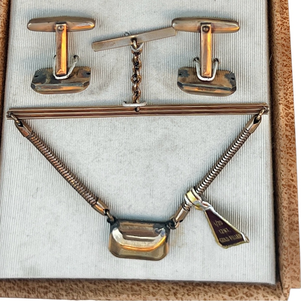 Bigney Tie Bar W/ Chain & Cufflinks gold filled 1/20 12KT VTG NRFB MCM Orig Box - Picture 3 of 12